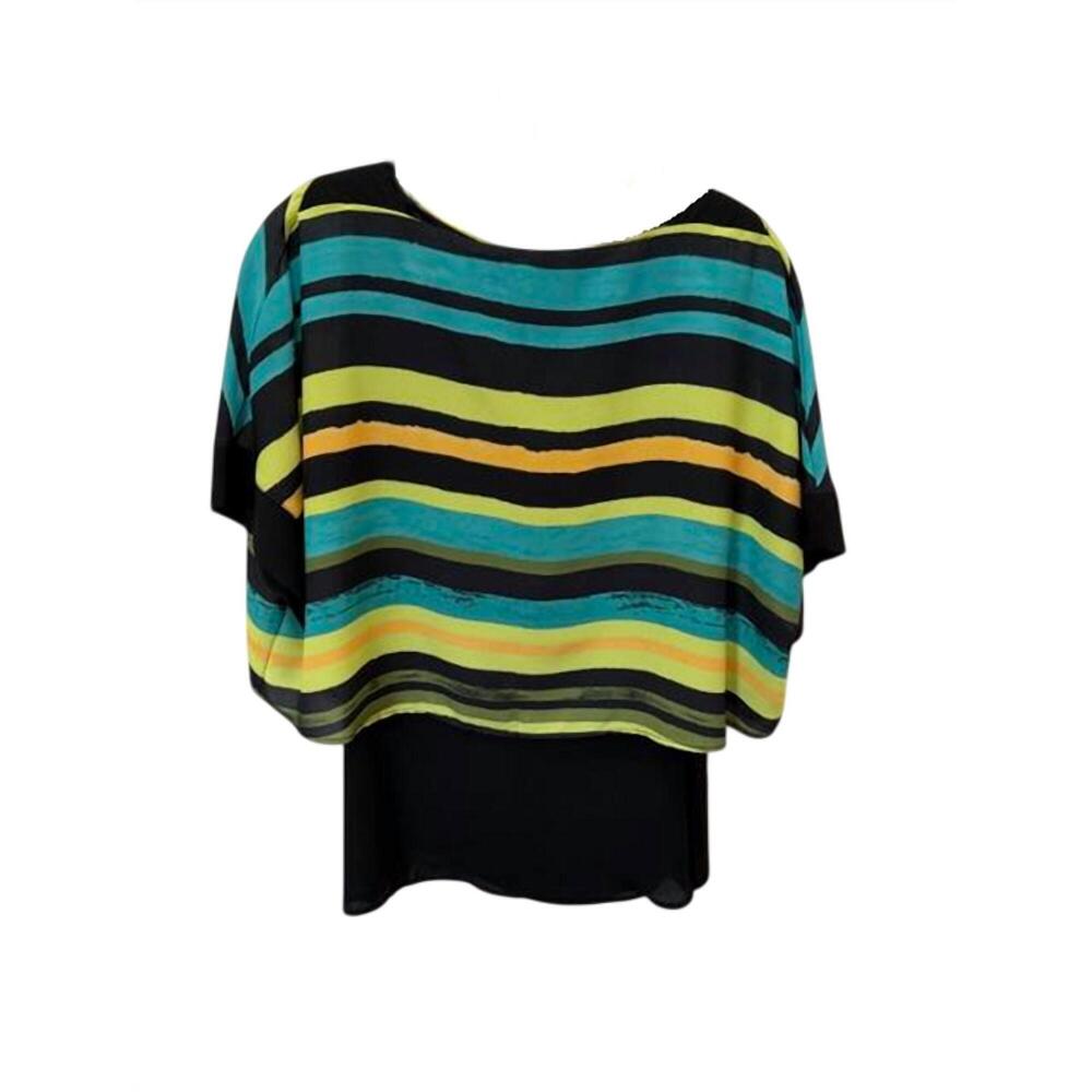NEW CONRAD C women aruba kiwi striped layered blouse in turquoise/black/lime